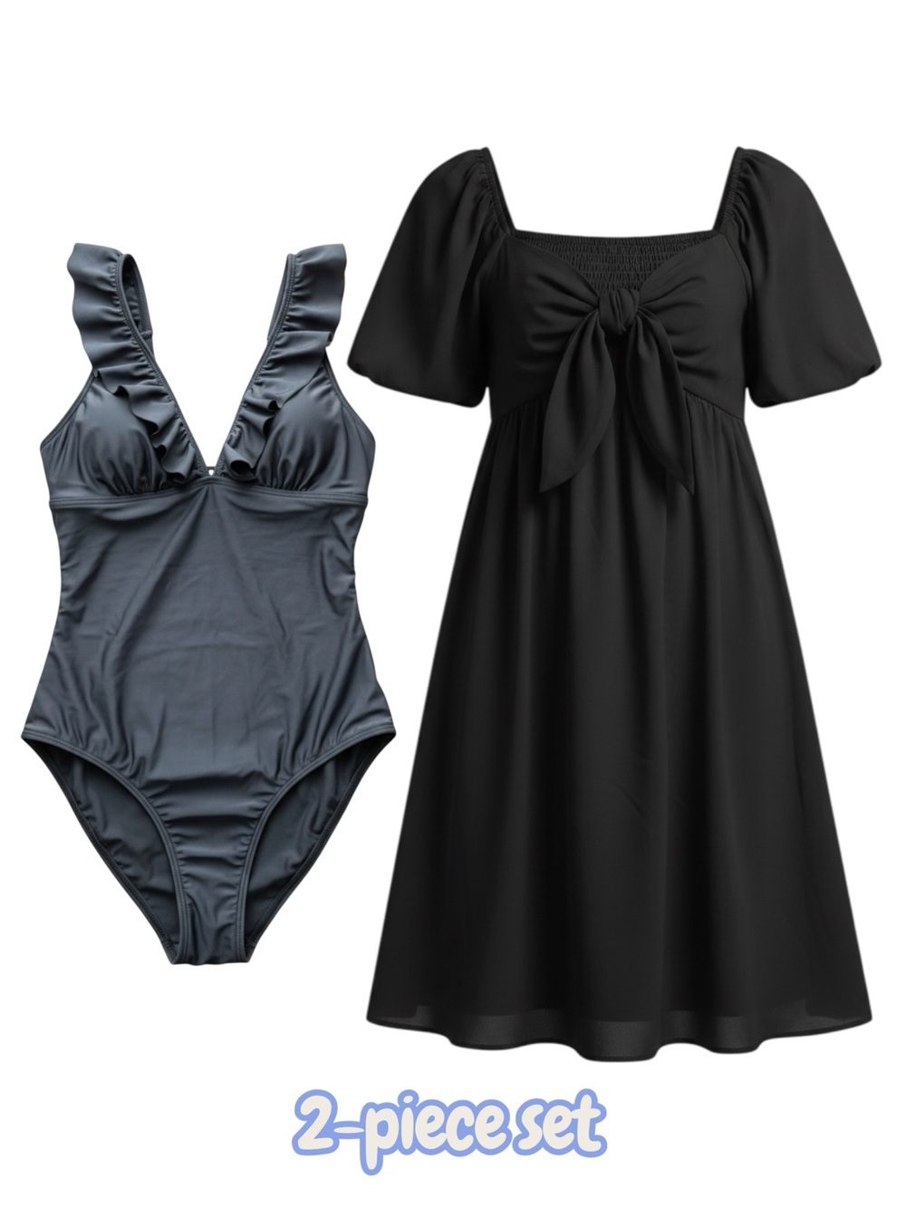 Thyme Maternity Women Black Swimsuit Beach Dress Ruffle Bow 2 Piece Set Size L
